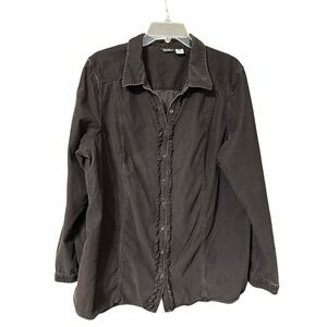 Eddie Bauer Womens Brown 2X Corduroy Ruffle Button Down Shirt Regency Core